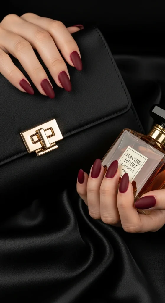 Merlot velvet-tip almond nails resting on satin with bag and perfume bottle.