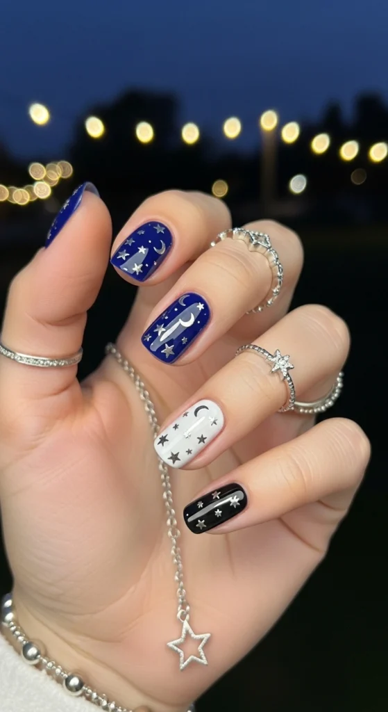 Deep navy nails with shimmering silver stars and tiny constellations, dreamy celestial Halloween manicure.