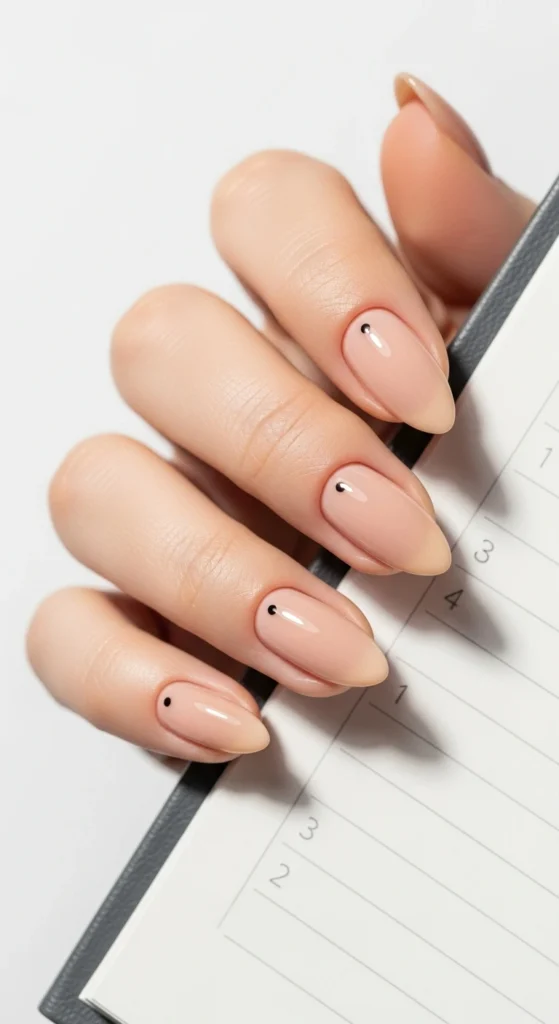 Nude almond nails with tiny black dot accents holding a school planner on a white background.