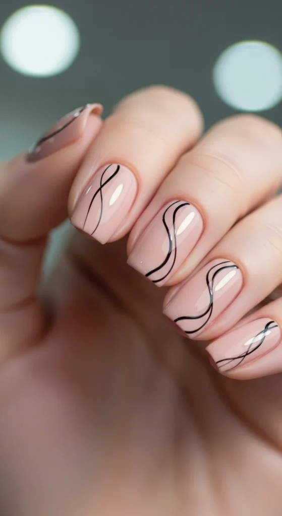 Nude nails with minimalist black swirl design.