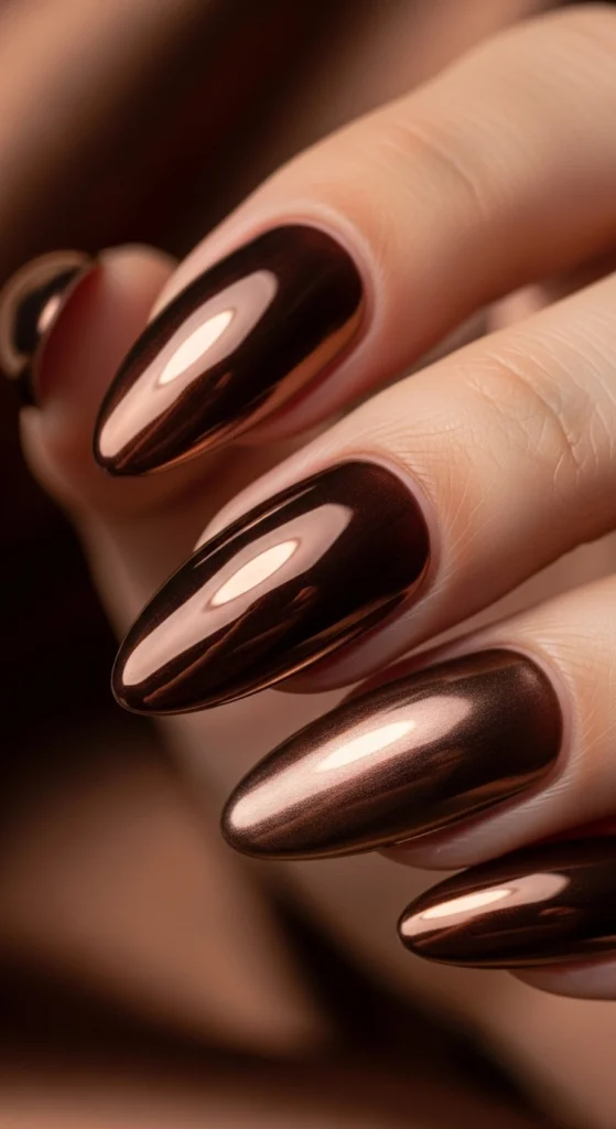 21 Fall Nails Inspiration 2026! Chic Trendy Autumn Manicures 13 Chrome-finish mocha almond nails reflecting light against brown satin fabric, luxurious modern vibe.