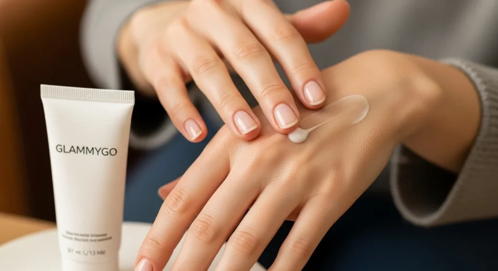 Step-by-Step Guide to a Salon-Quality Manicure at Home 7 Beauty shot of hands being massaged with a lightweight cream. Close-up focus on soft skin and nails, minimal packaging hand cream in the frame. Cozy self-care vibe.