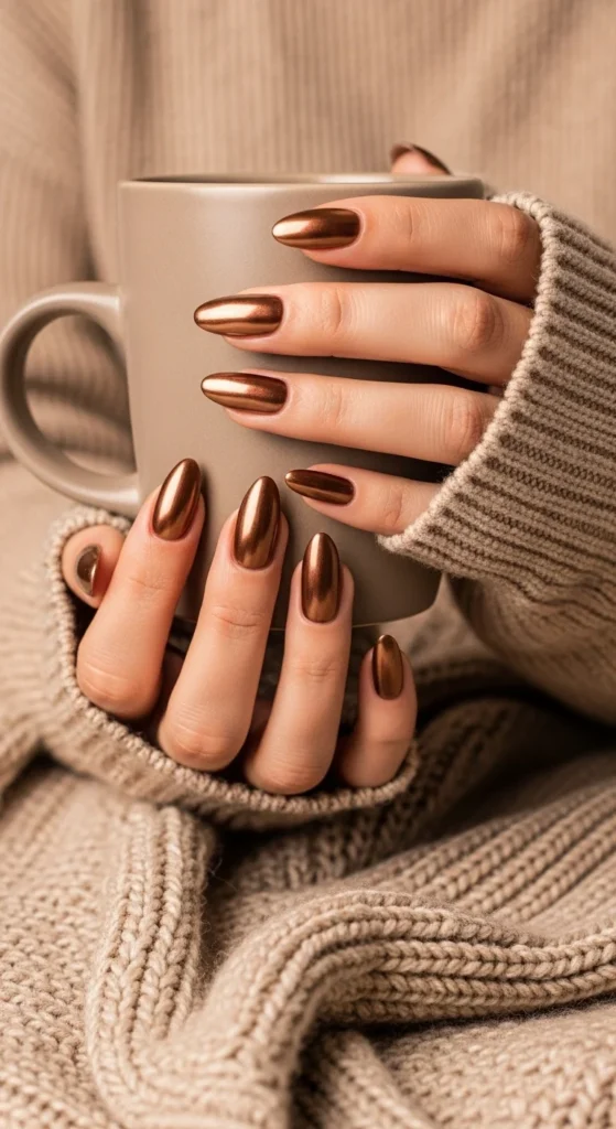 Molten mocha chrome nails glowing in golden light, hands  holding a coffee cup.