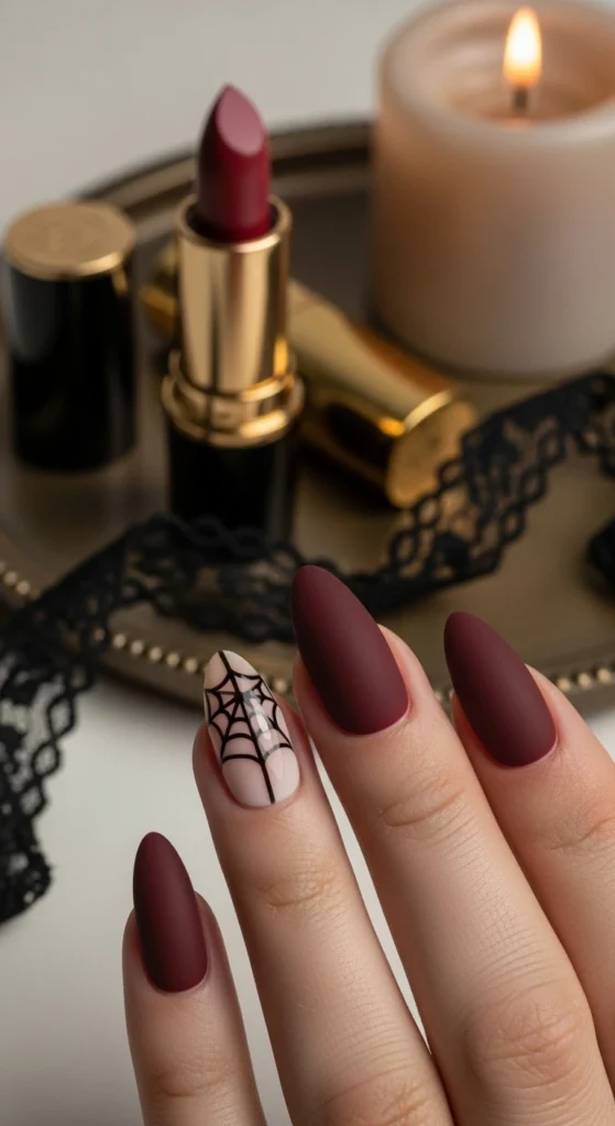 almond-shaped dark cherry matte nails with subtle spider-web accent, styled on a moody vanity with black lace and candlelight
