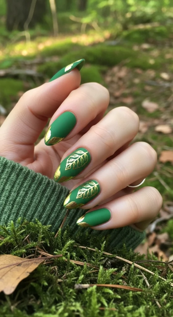 21 Fall Nails Inspiration 2026! Chic Trendy Autumn Manicures 11 Matte moss green almond nails with gold foil leaf accents in front of blurred forest ground, earthy elegance.