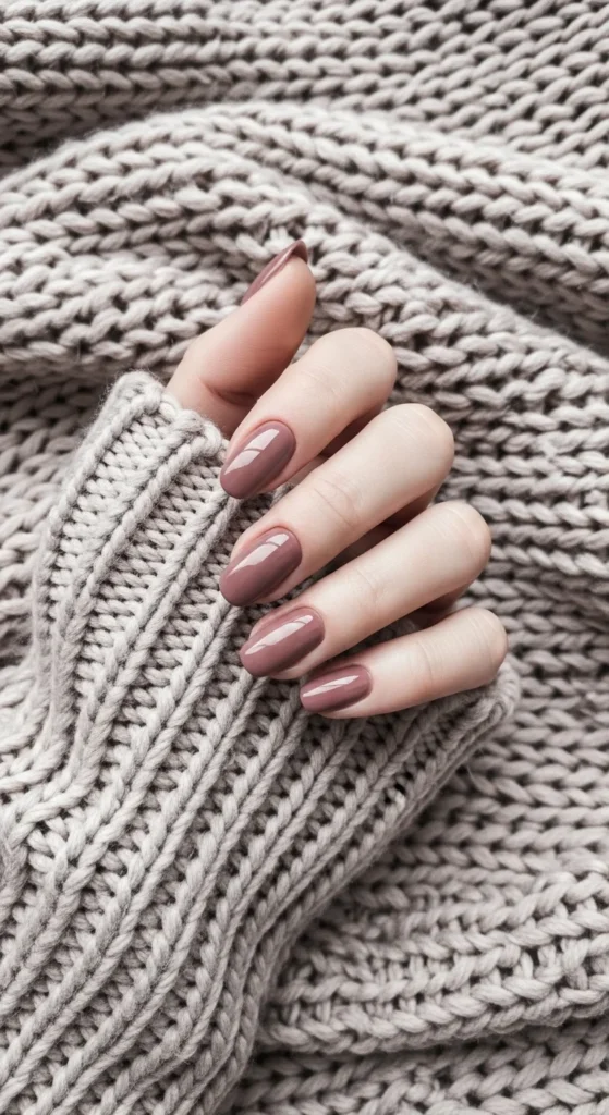 Short muted mauve square nails styled with cozy knit.