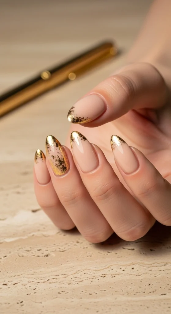 15 Must Try Trendy Back to School Nail Ideas 2026 3 Neutral-Almond-Nails-with-Gold-Foil-Accents