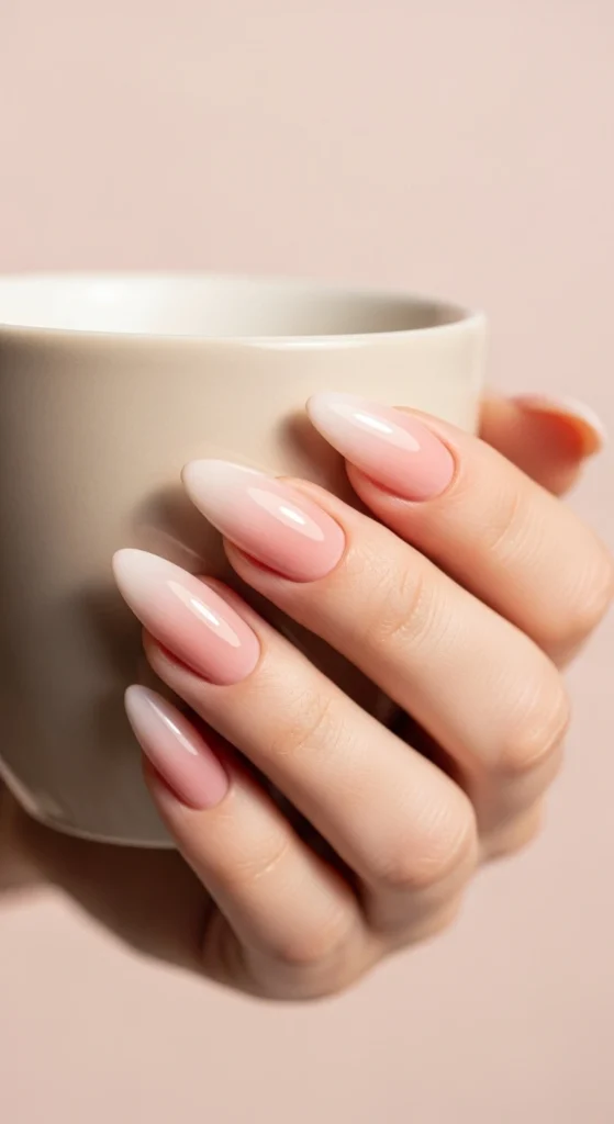 Nude to light pink ombre almond nails holding a coffee cup on a blush background.