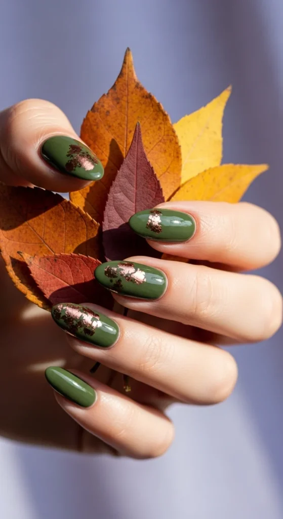 15 Fall Nail Art Ideas for 2026: Warm Tones, Foils & Seasonal Styles 7 Almond-shaped nails painted olive green with scattered bronze foil accents, holding dried autumn leaves against a muted lavender background in soft daylight.