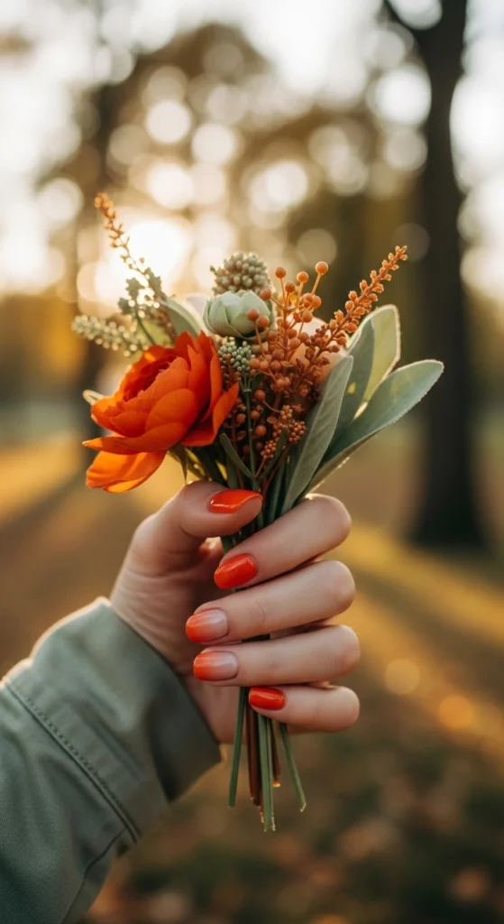  Short rounded persimmon aura nails holding bouquet of autumn wildflowers at sunset.