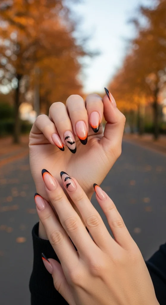 Editorial portrait of hands with almond nails showing orange & black negative-space French tips and bat silhouettes, in a street-style fall setting.