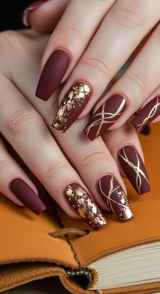 Oxblood matte coffin nails with gold foil on leather journal.
