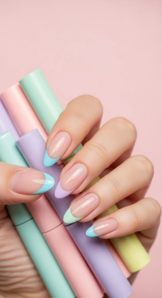 Almond nails with pastel French tips holding pastel-colored highlighters on a pink background.