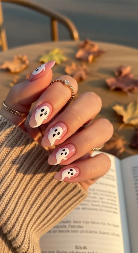  A hand painting ghost-face nail art on pastel pink gel nails over a cozy café coffee scene.