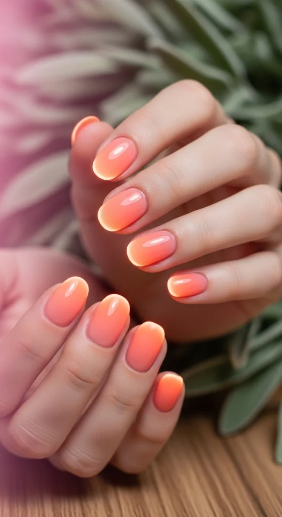 Hand with peach-orange aura manicure 