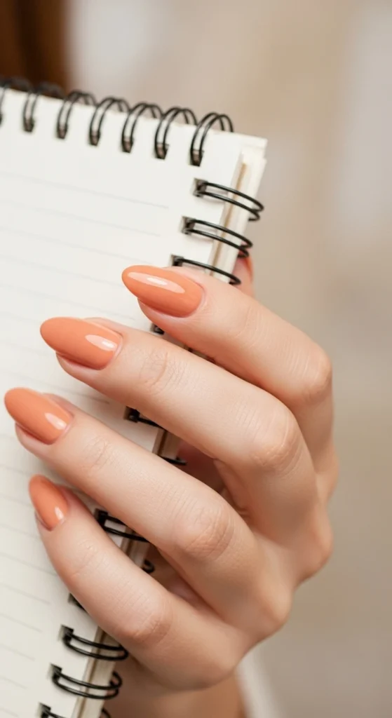 Glossy peach nude almond nails holding a spiral notebook on a beige background.
