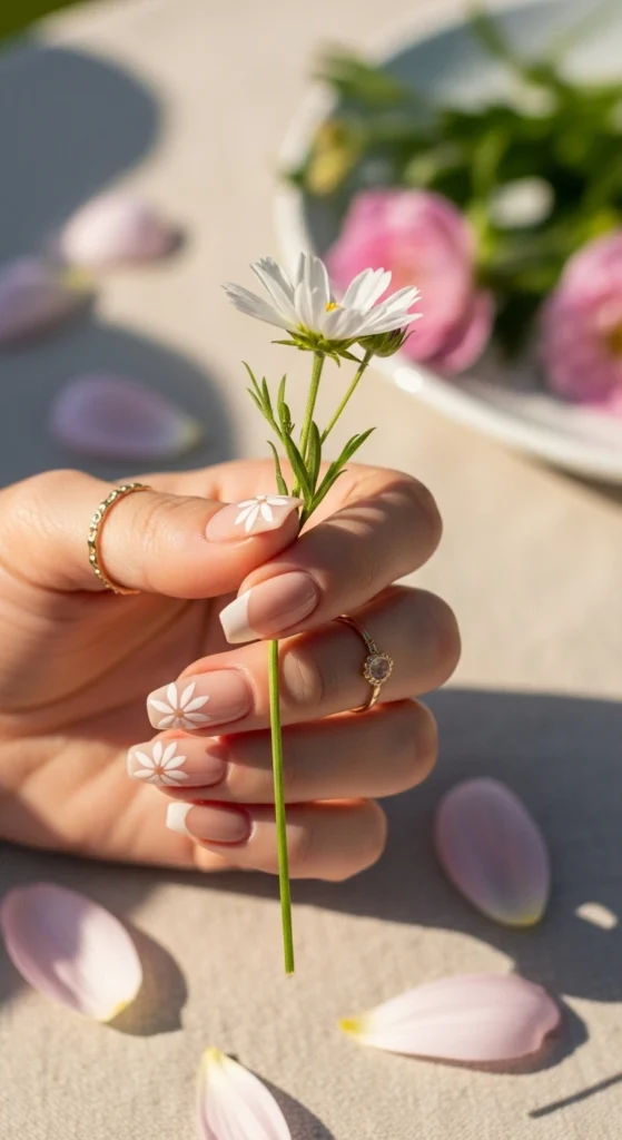 Close-up of almond nails with nude polish and delicate minimalist floral accents, hand holds a small  wildflower.