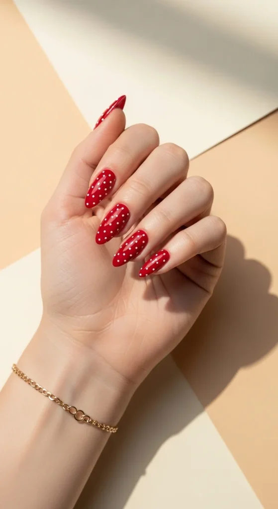 Flat-lay of cherry-red polka-dot almond nails, bracelet in arm  on a café table.”