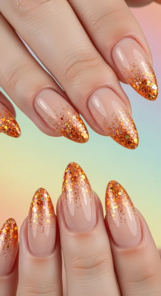 15 Fall Nail Art Ideas for 2026: Warm Tones, Foils & Seasonal Styles 9 Almond nails with pumpkin orange glitter fading into a nude base, set against a pastel gradient background in soft daylight.