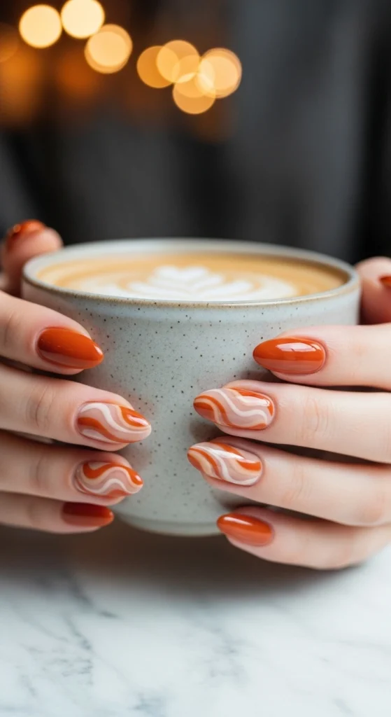 21 Fall Nails Inspiration 2026! Chic Trendy Autumn Manicures 12 Pumpkin orange, beige, and cinnamon brown swirl almond nails holding a latte cup at a cozy café, autumn lifestyle look.