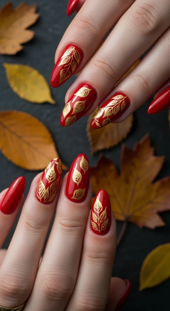 Glossy red almond nails with gold leaf nail art against autumn leaves.