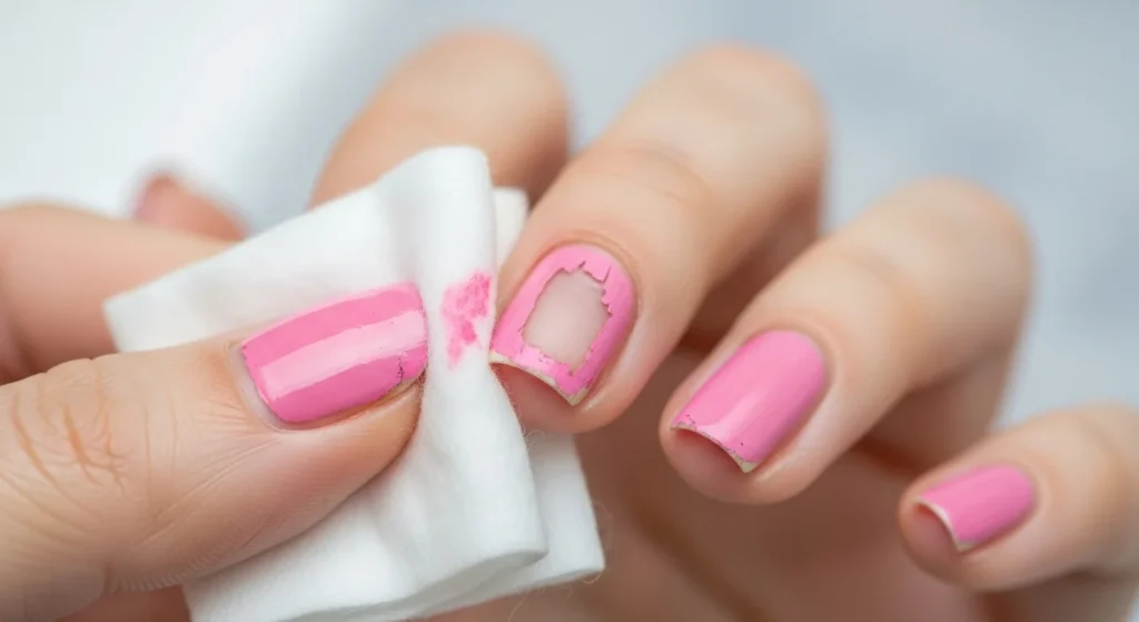 Step-by-Step Guide to a Salon-Quality Manicure at Home 2 Close-up of a hand using a cotton pad soaked in remover to clean old nail polish. Focus on the nail and cotton pad, background blurred in soft white with spa vibes.