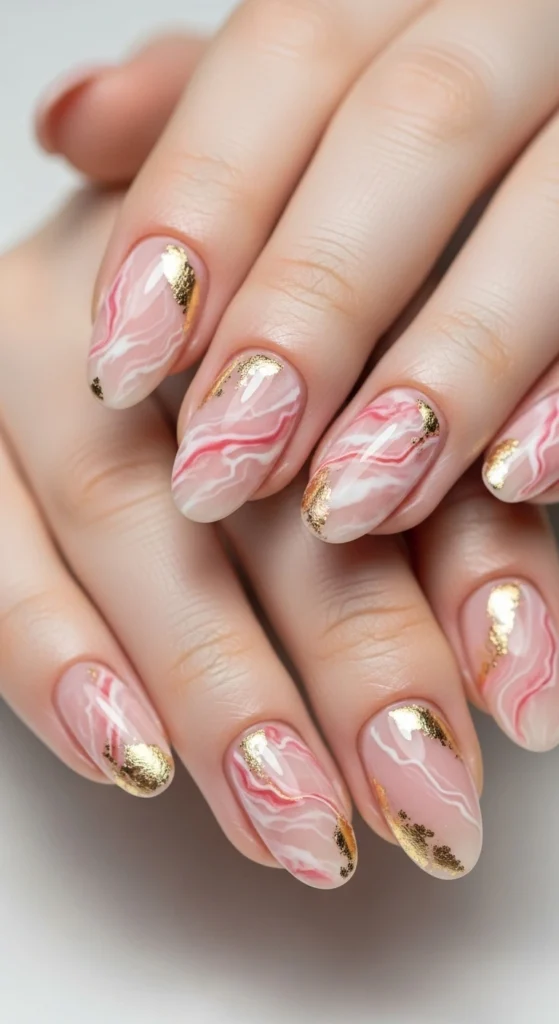 Oval nails in blush pink marble with white veins and gold foil details.