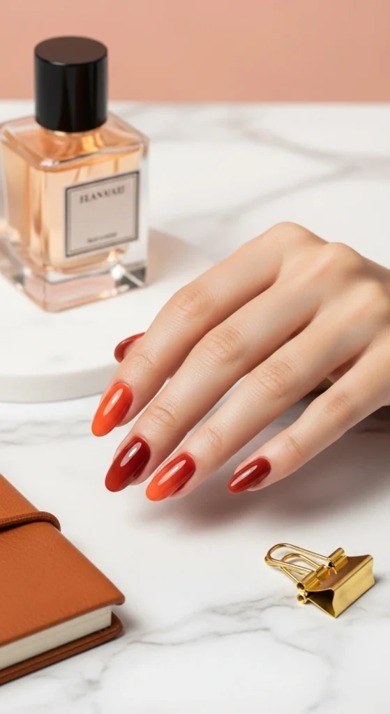 
Flat-lay oval ombré nails from soft orange to rust on white marble with perfume bottle.
