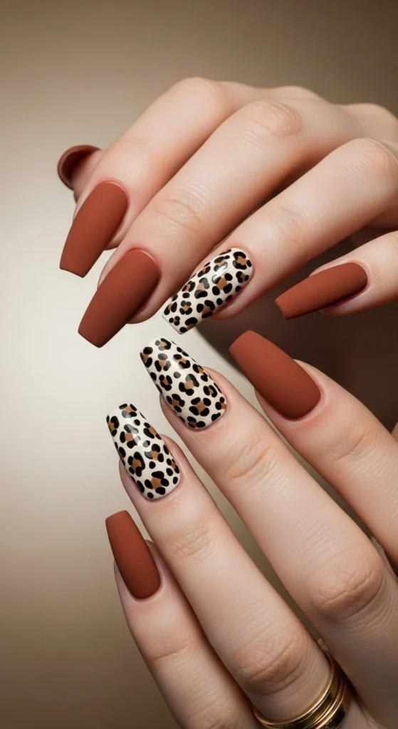 15 Fall Nail Art Ideas for 2026: Warm Tones, Foils & Seasonal Styles 11 Coffin-shaped matte rust red nails with a single leopard print accent, captured in a side view against a beige gradient background.