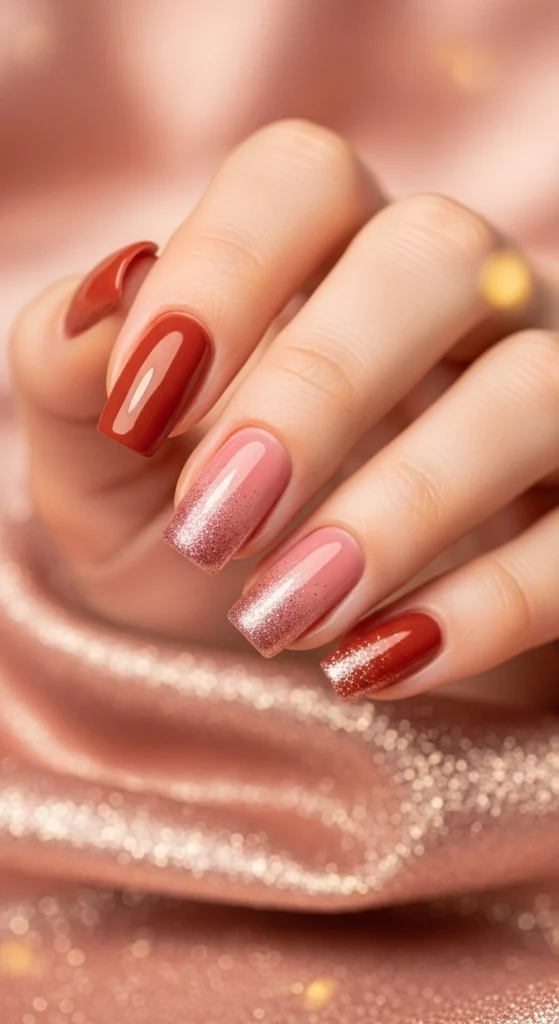 21 Fall Nails Inspiration 2026! Chic Trendy Autumn Manicures 21 Rust orange to dusty rose ombre almond nails with gold glitter fade against rose gold fabric, romantic seasonal elegance.