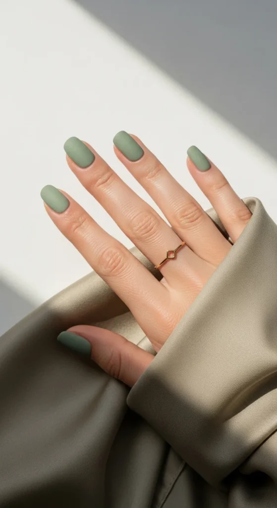Muted sage matte nails styled with minimal gold ring.