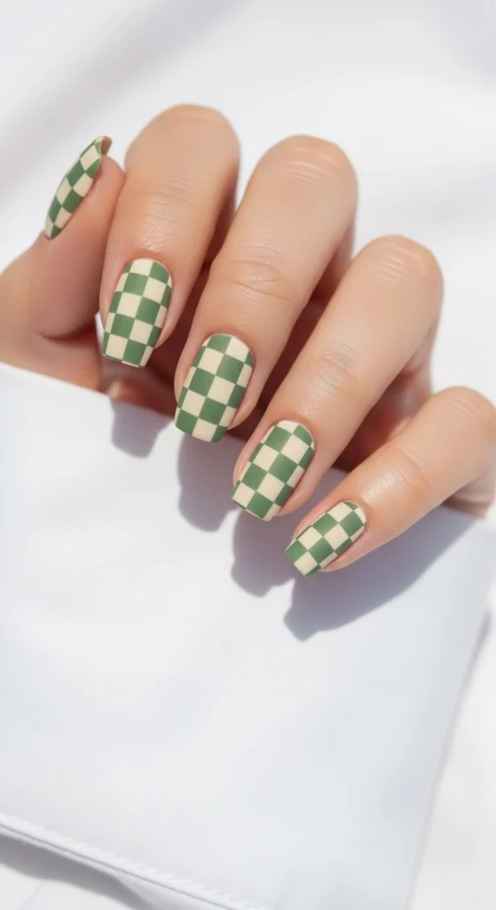 21 Fall Nails Inspiration 2026! Chic Trendy Autumn Manicures 19 Checkerboard nails in muted sage green and cream on a white cotton shirt background, playful retro vibe.
