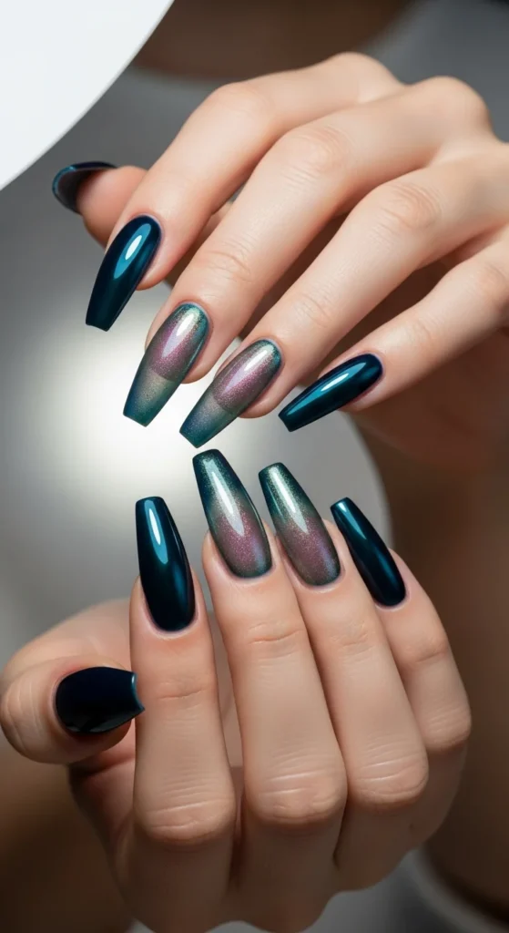 Coffin nails in deep sapphire chrome with iridescent veil shimmer.