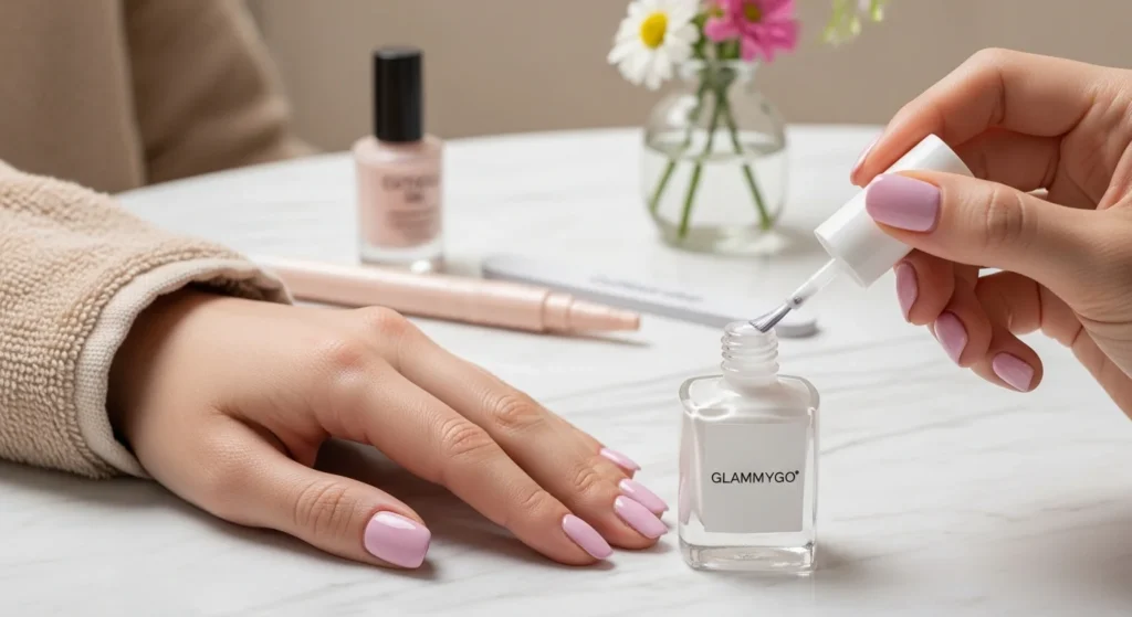 Step-by-Step Guide to a Salon-Quality Manicure at Home 10 Minimalist, high-clarity close-up of a hand on a white marble tabletop as a clear white top coat is applied. Nails are painted in pale pink, and the top coat adds a wet, high-shine effect. The “Natural at-home vanity scene with a hand resting on a folded beige towel.