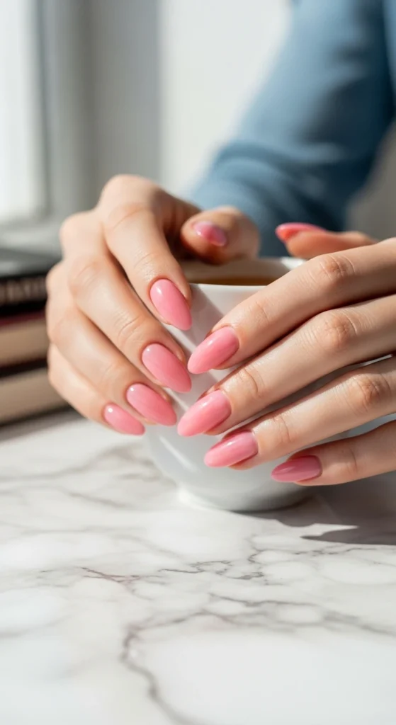 Sheer pink glossy almond nails holding a coffee cup on a marble desk with books.