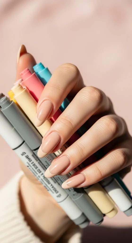 Almond nails with beige French tips holding pastel-colored markers.