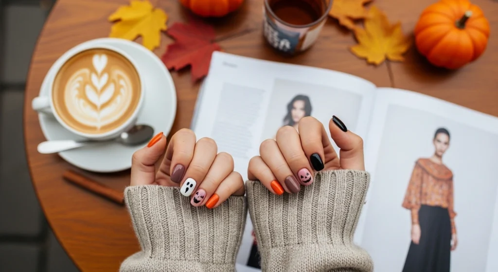 Simple Halloween nails with ghost and pumpkin art and more, on a flat themed table