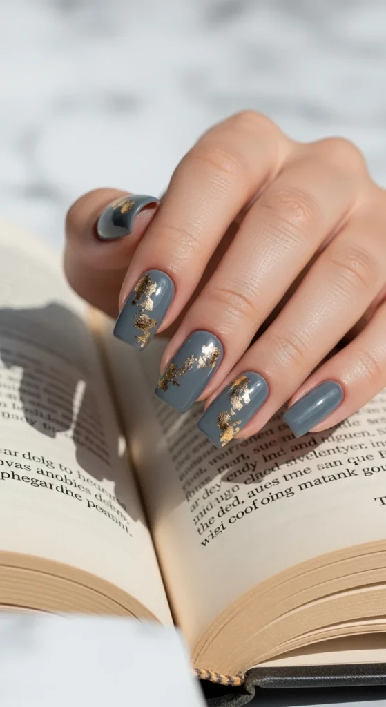 15 Fall Nail Art Ideas for 2026: Warm Tones, Foils & Seasonal Styles 10 Square nails in slate gray with scattered gold foil accents, held against an open book and marble background in daylight.