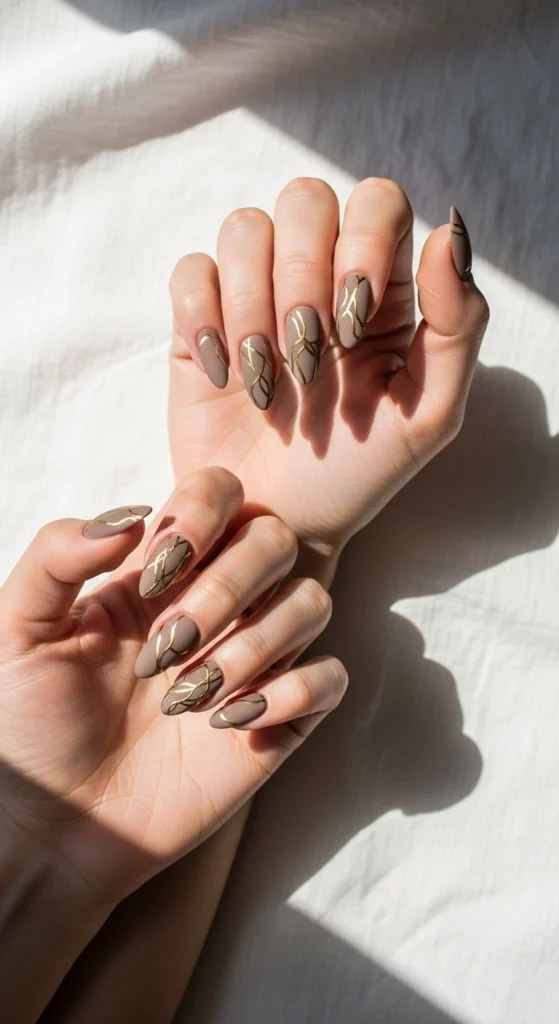 21 Fall Nails Inspiration 2026! Chic Trendy Autumn Manicures 8 Matte taupe almond nails with thin gold line art on white linen background, minimalist close-up.