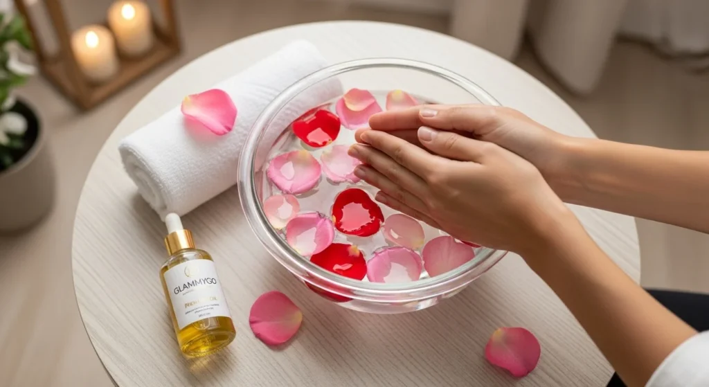 Step-by-Step Guide to a Salon-Quality Manicure at Home 4 Overhead shot of hands soaking in a clear glass bowl filled with water, floating rose petals. a premium oil bottle with brand name Glammygo. Cozy, spa-inspired background with a rolled towel nearby.