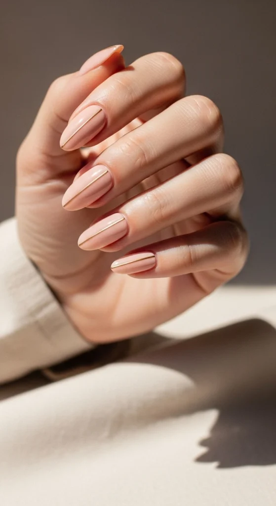 21 Fall Nails Inspiration 2026! Chic Trendy Autumn Manicures 14 Blush pink almond nails with thin gold metallic lines over light beige fabric, soft feminine style.