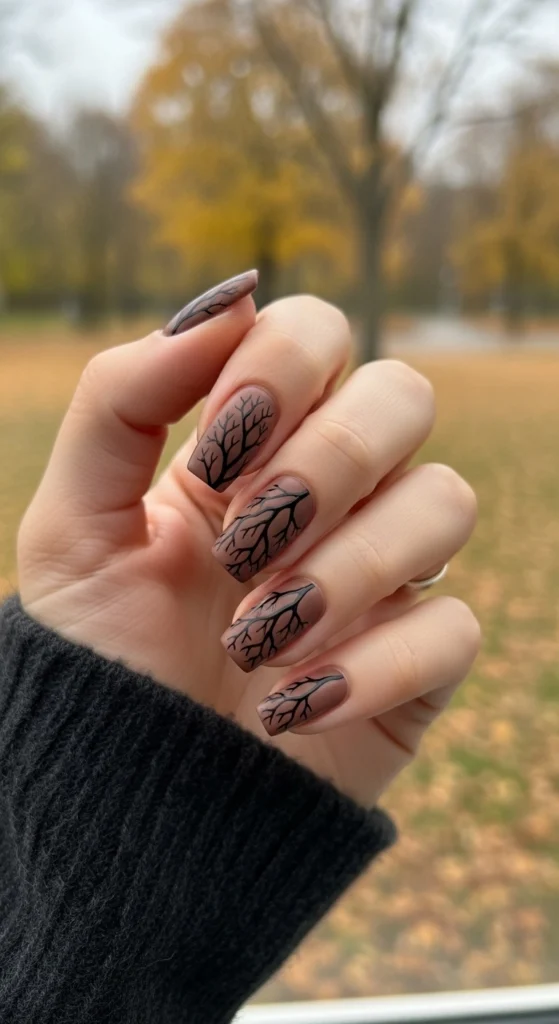 21 Fall Nails Inspiration 2026! Chic Trendy Autumn Manicures 22 Soft mocha almond nails with fine black bare branch art in front of blurred autumn park scenery, subtle artistic mood.