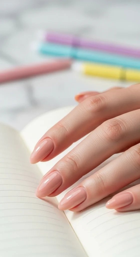 Soft nude glossy almond nails resting on an open notebook with pastel stationery in the background.
