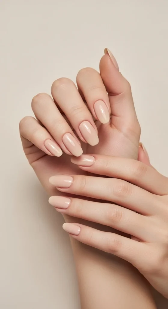 How to Shape Your Nails Like a Pro (Round, Almond, Coffin & More) 5 Soft beige-themed flat lay of hands with squoval-shaped nails, painted in a neutral nude polish. The nails are medium length, tips straight but corners rounded.