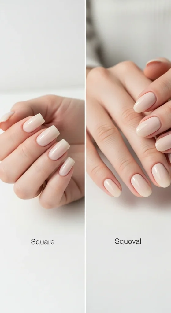 The Ultimate Nail Shape Guide: Choose & Master Your Look 4 Side-by-side flat-lay comparison: left shows sharp square nails, right shows squoval with softened corners.