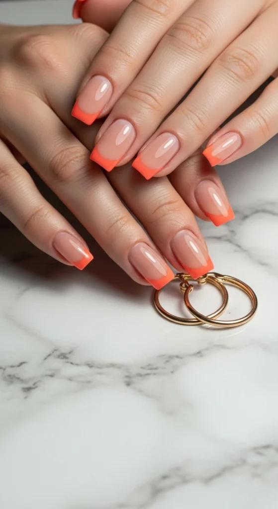  Close-up of square nails with tangerine French tips and nude negative space on marble vanity