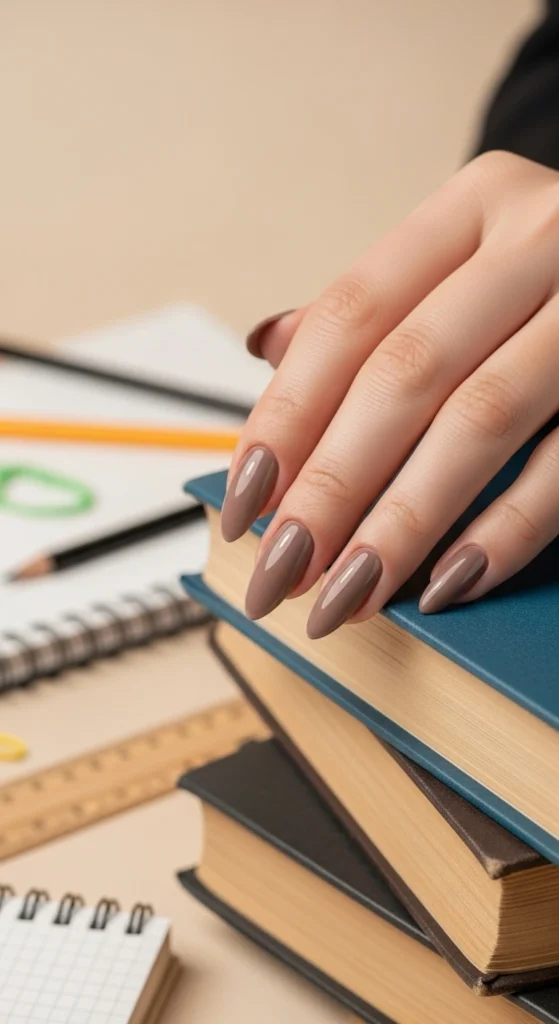 Glossy taupe almond nails resting on a stack of school textbooks.