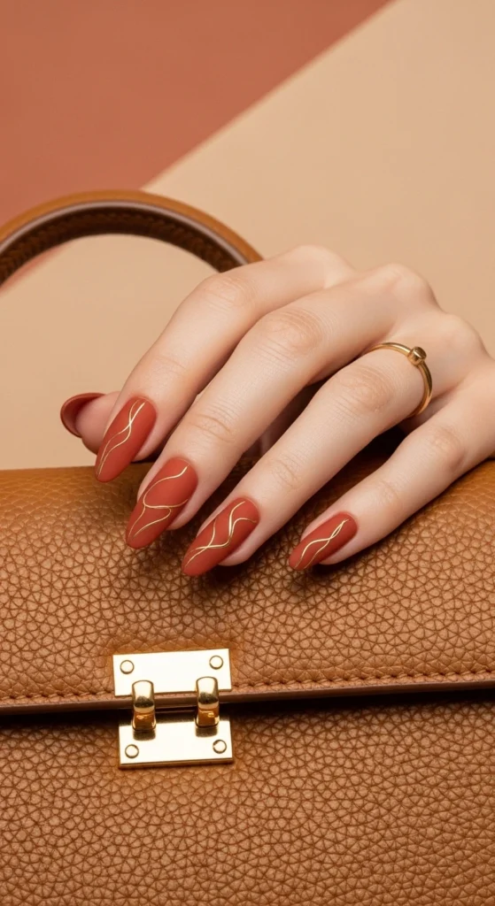 Medium almond terra-cotta matte nails with fine gold striping resting on handbag.