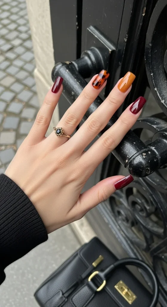 POV shot of tortoiseshell-accented oxblood square nails holding a leather handbag on cobblestone.