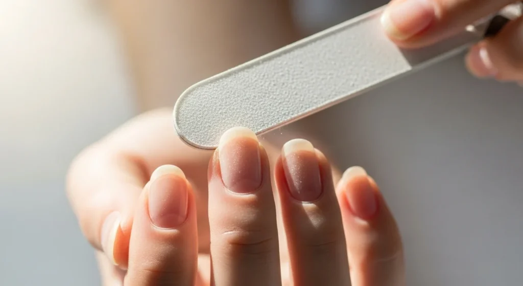 Step-by-Step Guide to a Salon-Quality Manicure at Home 3 Macro shot of a hand shaping nails with a glass nail file. The nails are natural, mid-length, being filed into a soft round shape.